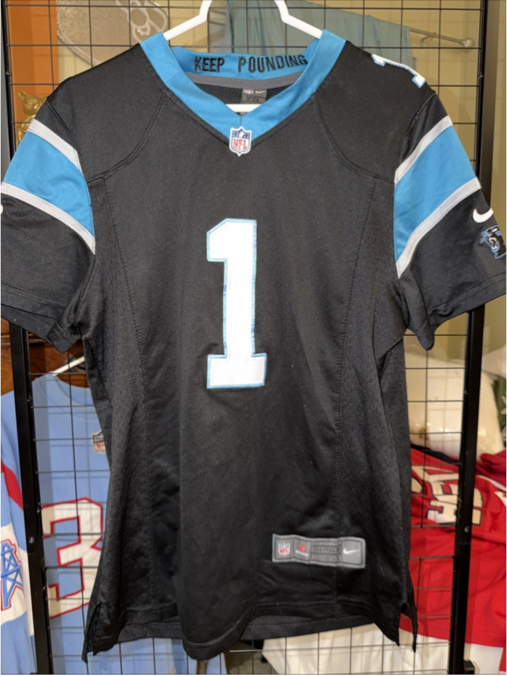 Nike Carolina Panthers Cam Newton #1 NFL On Field Jersey Black Blue Women’s XXL